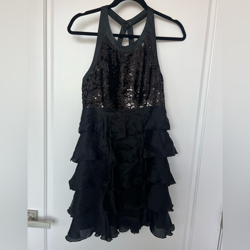 BEBE Black Halter Top Sequin Ruffle Dress